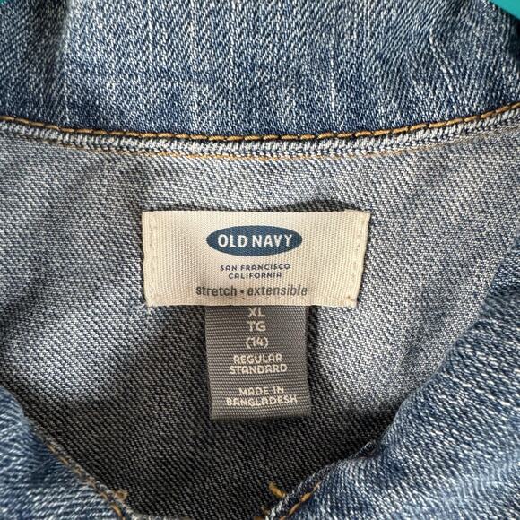 Old Navy Denim Jacket Girls XL 14 Blue Stretch Jean Trucker Button Front Pockets - Picture 7 of 12